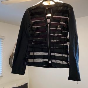 Faux leather stripped mesh jacket size medium with zippers on sleeves
